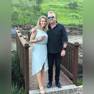 Sz S Tart Barely Blue Silky Pleated Dress w/Draped Front Half Skirt Lining